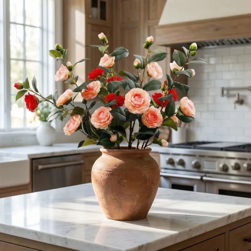 

Green Leaf Artificial Camellia Flower Handmade Realistic Faux Flower Branch Luxury Real Touch Fake Flower Dining Table