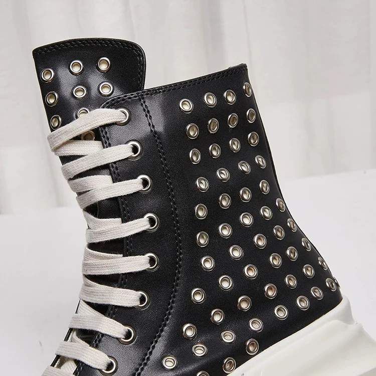 Vintage Men Shoes High-TOP Platform Boots Heightening Real Leather Rivets Sneaker Luxury Trainers Casual Zip Black Shoes view 4