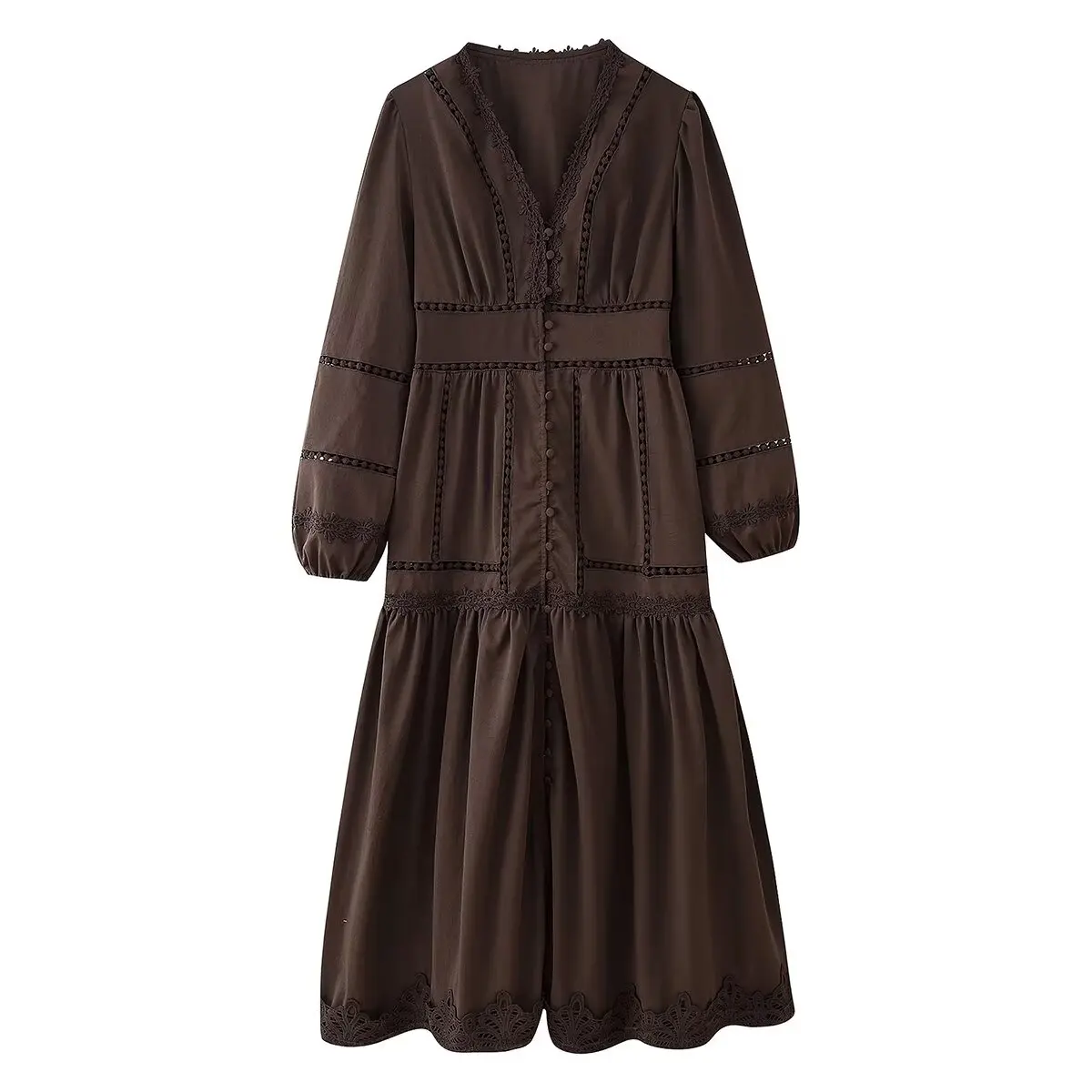 YENKYE Kant Gesplitst Hollow Out Jurk Vrouwen Vintage Solid V-hals Lantaarn Mouw Casual Lange Jurken Herfst 2025, Dame Gewaad