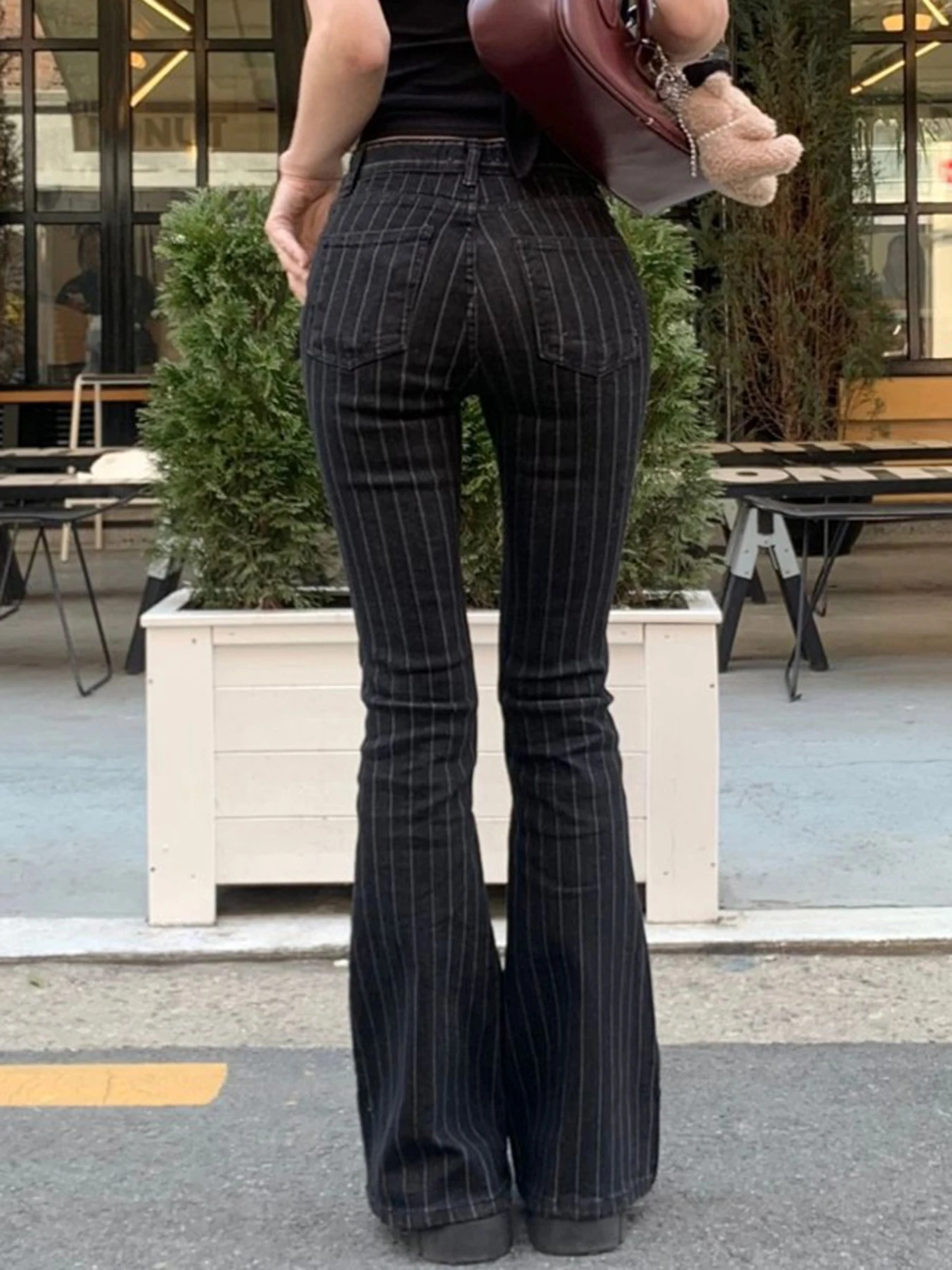 

American Sle Casual Stripe Low Waist Bell Bot Pants Women Streetwear Versatile Faux Denim Slimming Long Trousers Trendy