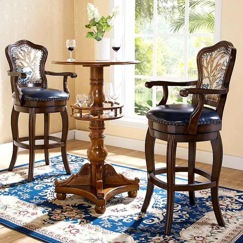 

American bar European high stool household solid wood bar retro rotating back leather light luxury high chair