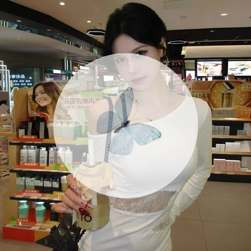 Damska bluzka z długim rękawem, seksowna, w stylu retro, z koronką i wycięciami.