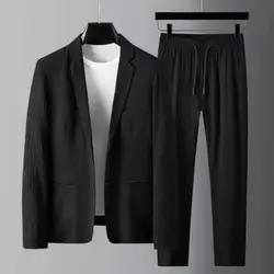 Striped Pleated Men BlazersSuit Drawstring Pants Men's Sets  Loose Lapel Pockets Thin Formal Business Blazer Pants Set Outfits