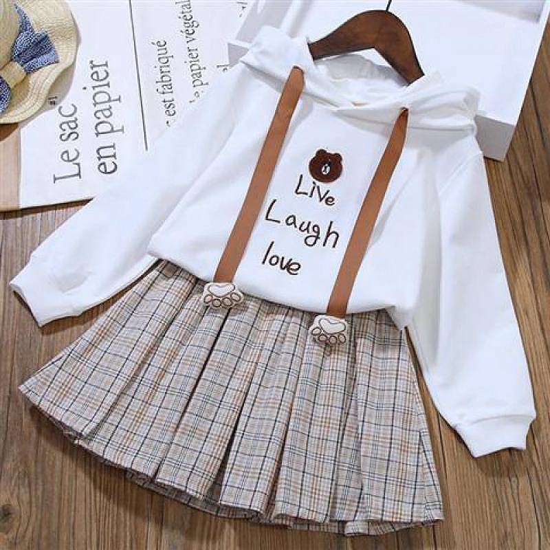 

2023 Spring Autumn New Girls Skirt Suits Cartoon Little Bear Girls Clothes Childen's Hooded Long Sleeve Casual Tunic Short Skirt