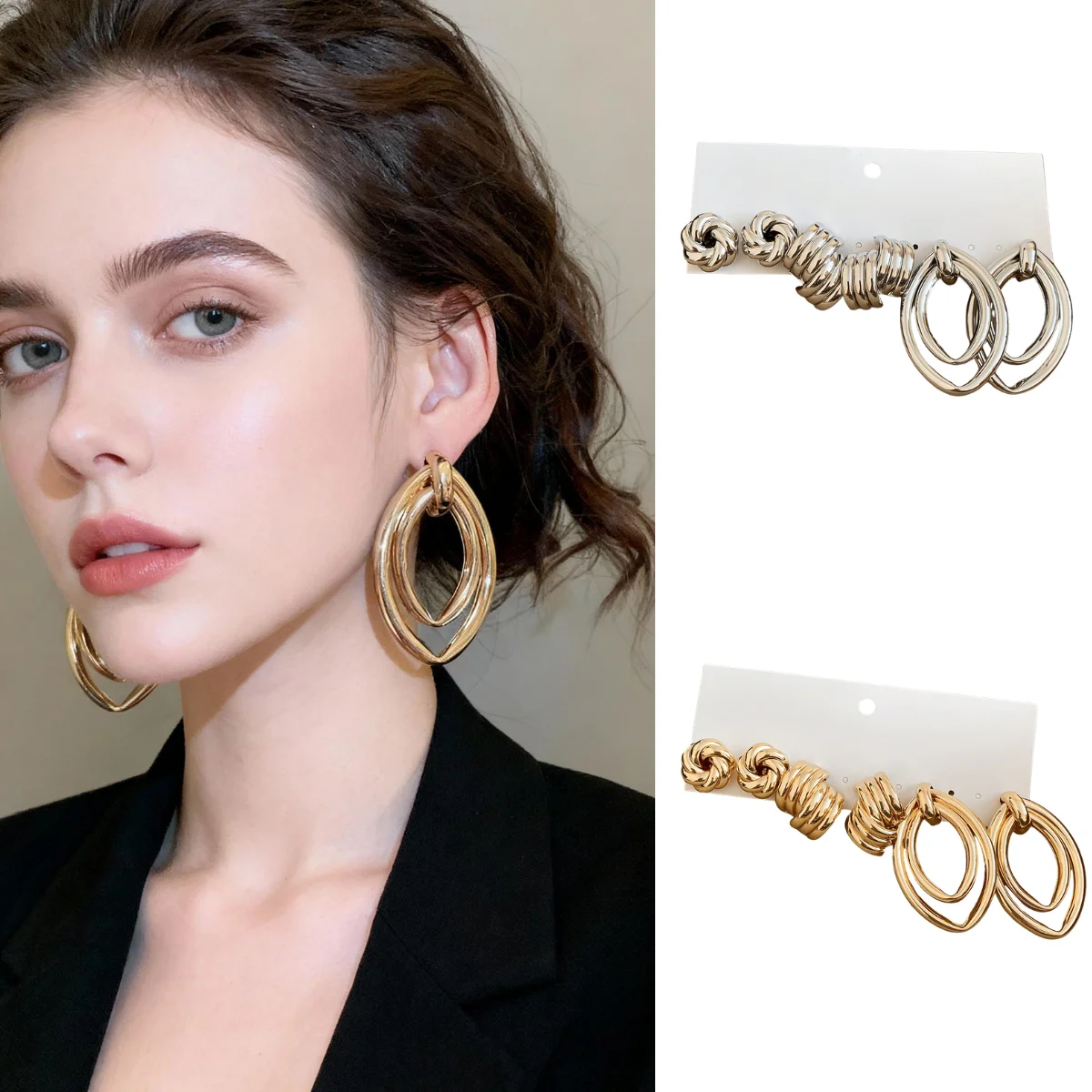 طقم من الحلقان ترصيع دائري بلمسة نهائية معدنية غير رسمية بسيطة أنيقة على طراز متخصص أقراط أذن أنيقة مستوحاة من الإكسسوارات