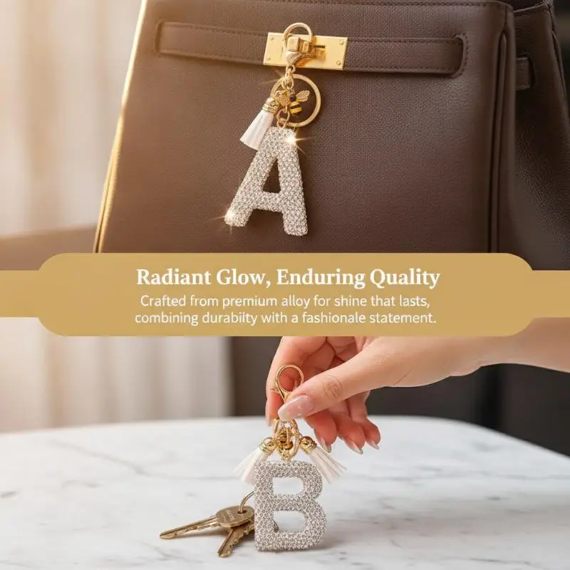 Glitzernder Strass-Schlüsselanhänger mit A-Z-Initialen, niedlicher Bienen-Anhänger, Quasten-Dekoration, personalisierte Geschenke für Autoschlüssel und Taschen – Detail 2