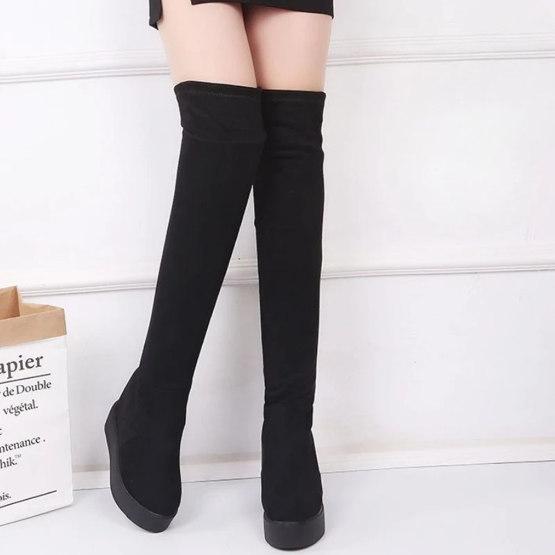 

Petite Women's Korean Winter Fleece Lined Slimming Over The Knee Boots Chic and Elegant Thick Sole Wedge Hidden Height Boost
