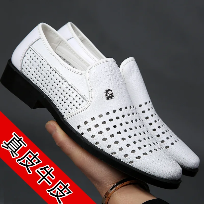 Genuine leather men\'s sandals leather shoes summer leather holes breathable hollowed out white business dress casual shoes