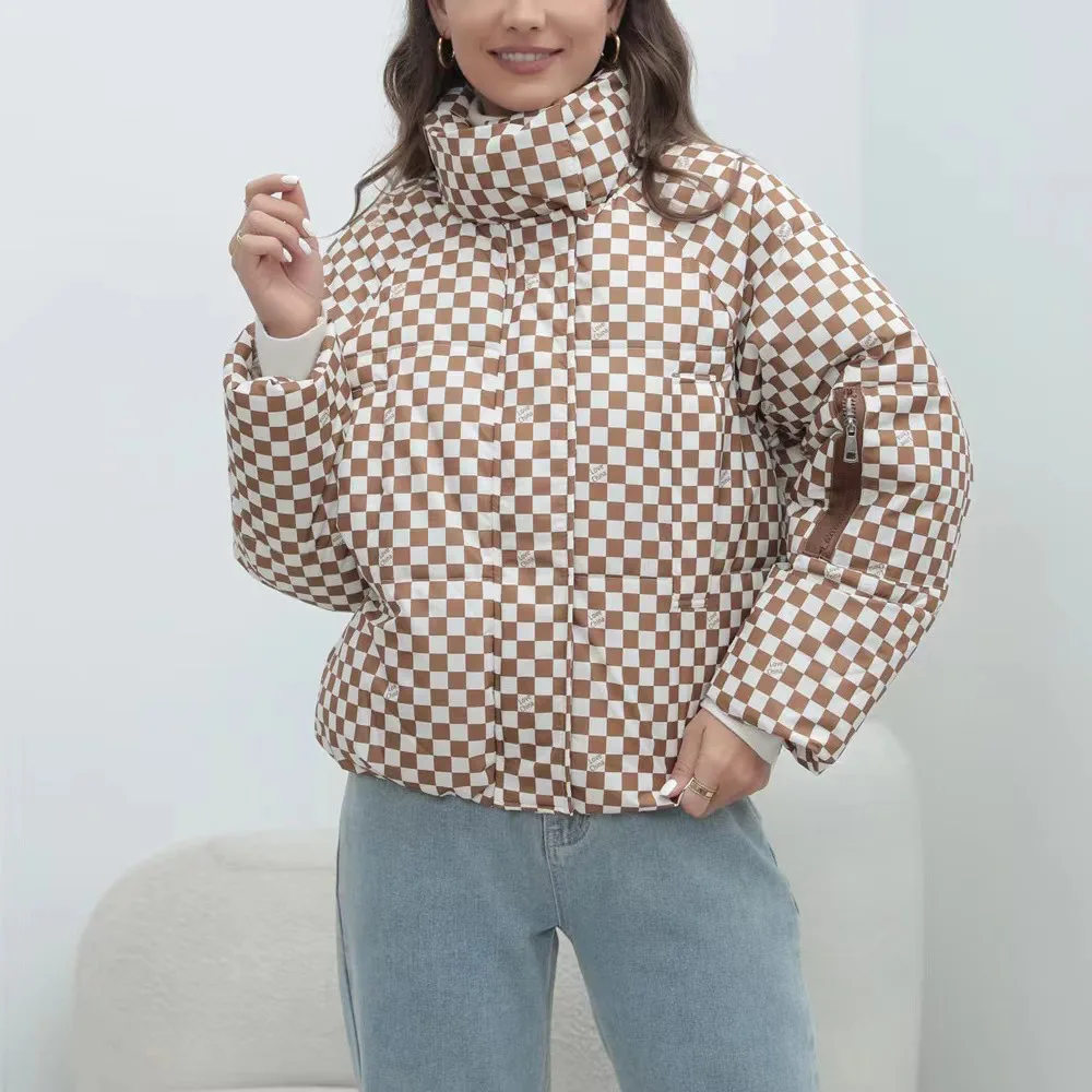 سترة قطن دافئة غير رسمية موضة شتاء جديدة بياقة واقفة وسحاب وأكمام طويلة سترة خبز قصيرة معطف منقوش مطبوع للنساء #1