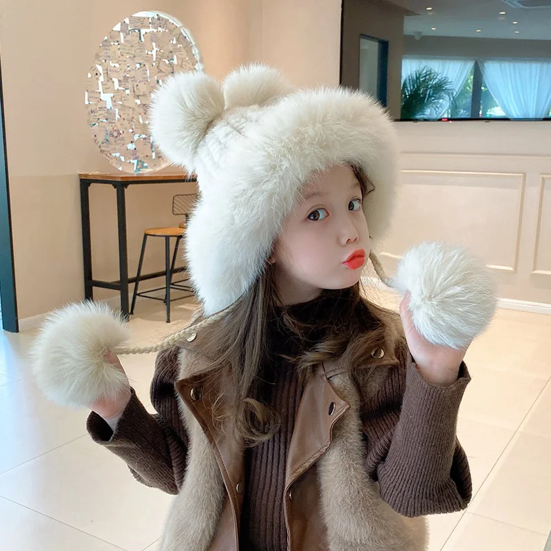 

Winter Children Fashion Warm Hat Real Mink Outdoor Woven Hat Thickened Cute Korean Version Lei Feng Hat Fox Hairball 2023