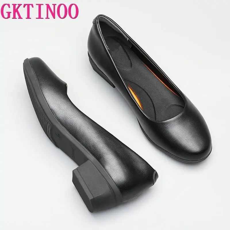 GKTINOO Black Leather Women's Work Shoes Pumps Thick Heels Round Head Shoes Soft Sole Professional Non-slip Hotel Work Shoes