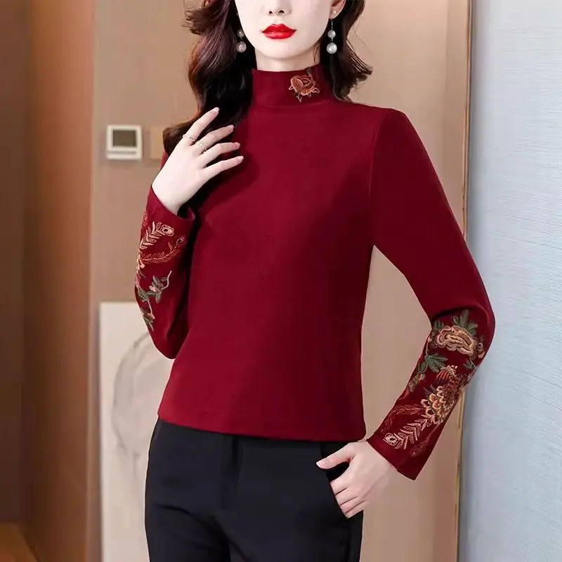 Autumn and Winter Embroidered Half High Neck Warm German Velvet Ethnic Long Sleeve Chinese T-shirt Retro Art Base Mom Top Female