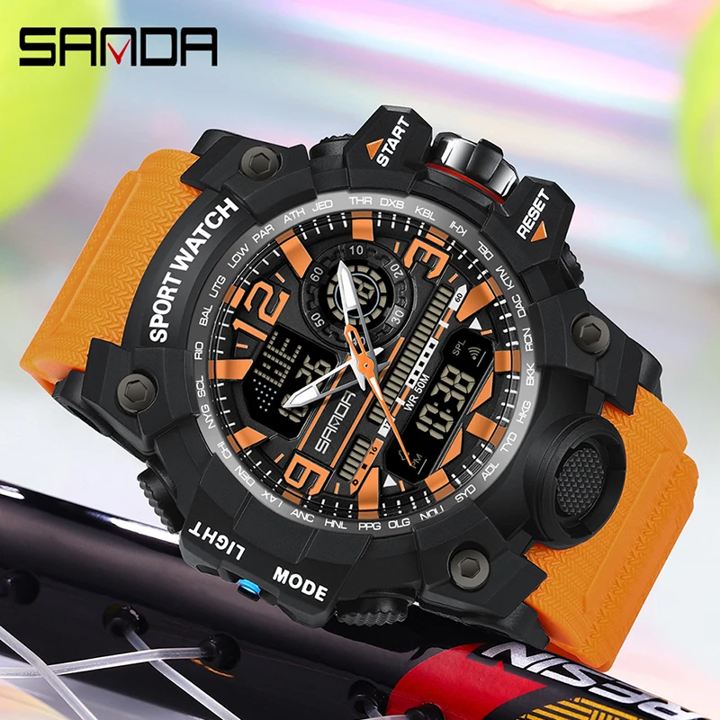 SANDA G Style Men\'s Military Outdoors Sports Watch LED Digital Quartz Dual Display Watch Proof Waterproof Luminous Men\'s Watch