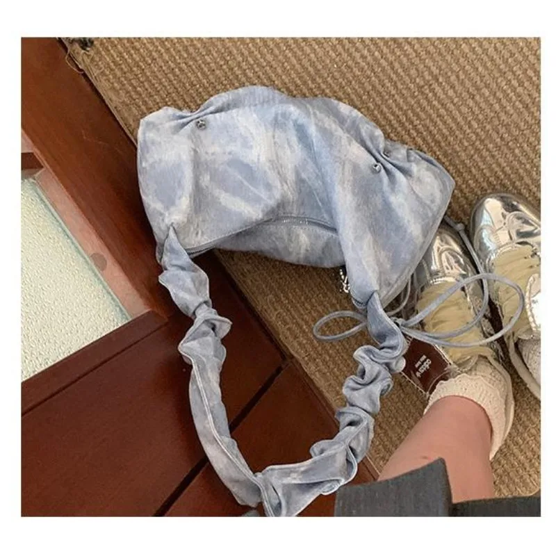 Xiuya Pleated Fashion Womens Shoulder Bag Aesthetic Drawstring Gentle Hobos Bag Literary Leather Female Luxury Designer Handbags