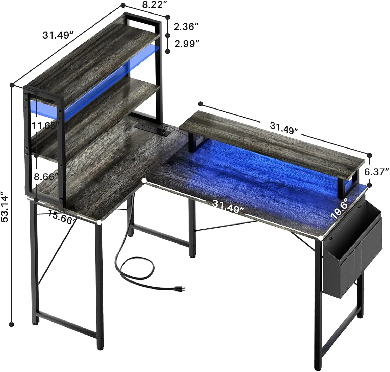 Escritorio de computadora en forma de L con estantería, escritorio de juegos de esquina Reversible de 47 pulgadas con estación de carga y luz Led, roble negro