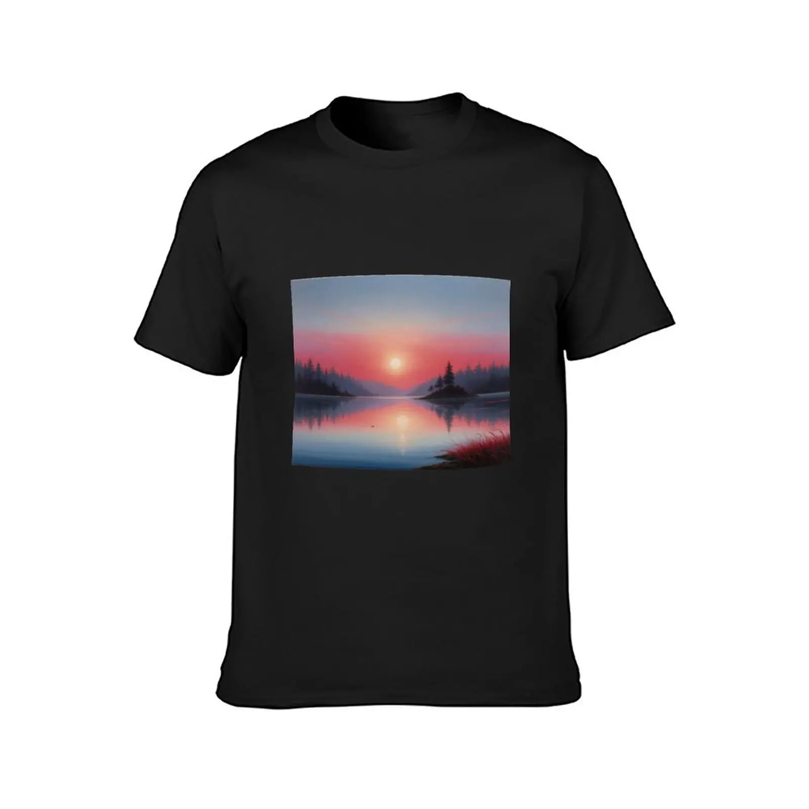 Twilight Tranquility: A Peaceful Waterscape with Silhouetted Trees T-Shirt summer tops t shirts for men pack