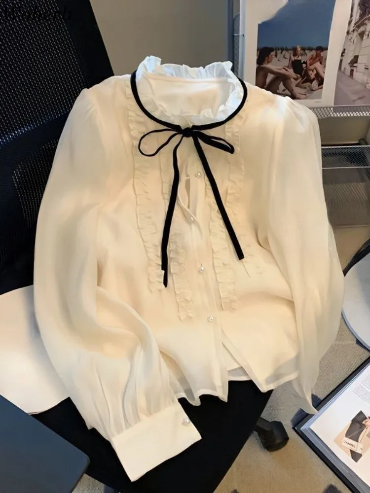 Sweet White Blouse Women Clothing Puff Sleeve Stand Neck Tunic Shirts Temperament Ladies Blouses Tops 2024 Blusas Mujer De Moda