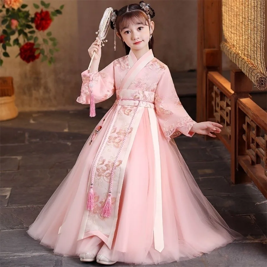 

Girl's Traditional Chinese Chiffon Skirt Hanfu Dress Floral Pattern Little Girls Tang Dress Spring Long-sleeved