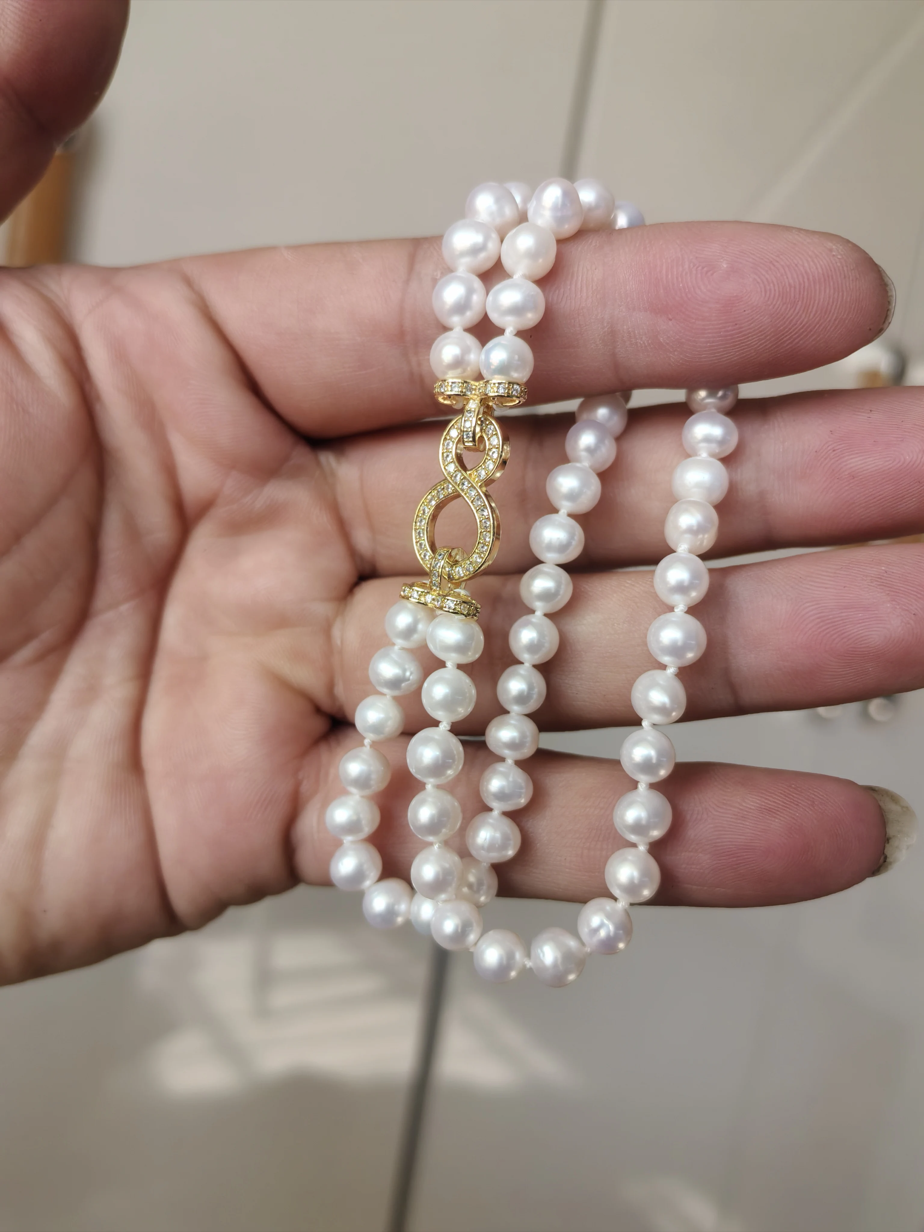 2 rows Double layered  AAA 8-9mm Akoya White Pearl bracelet treasure Seawater Pearls Strong Light  925s