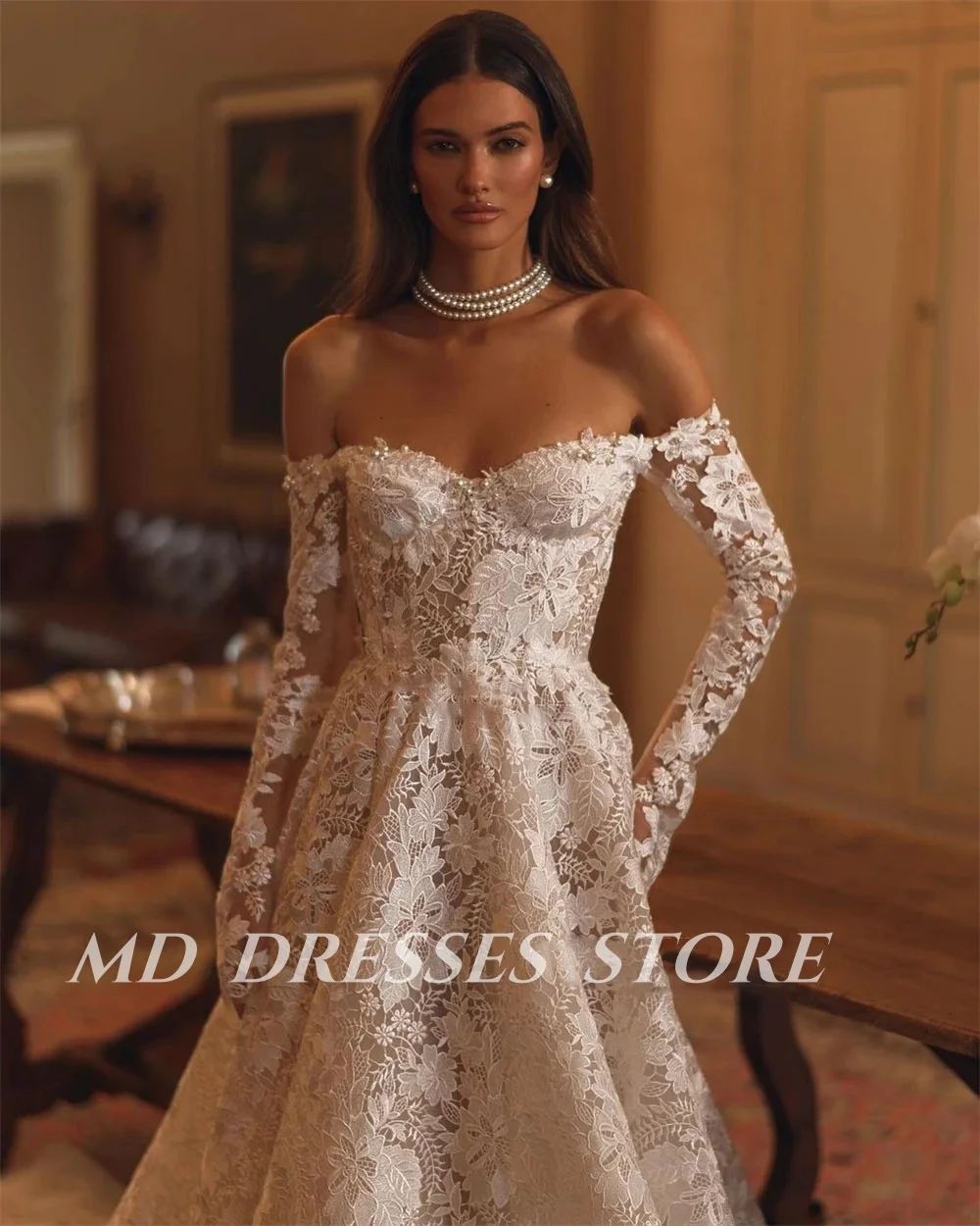 Md 2025 moderno a linha vestidos de casamento branco ajustável mangas completas rendas varredura trem vestidos de noiva vestidos de fiesta personalizado