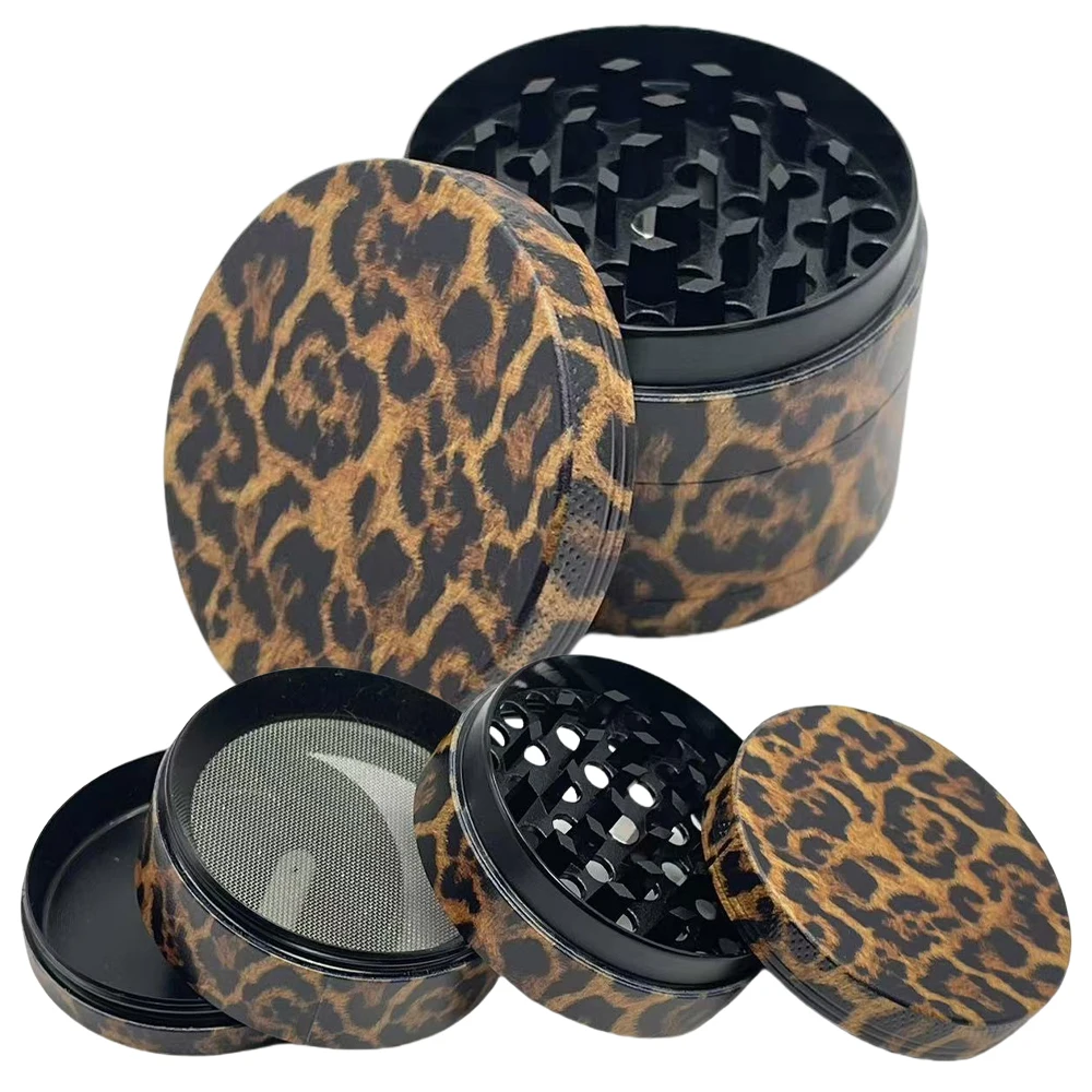 40/50mm Leopard Print Herb Grinder 4-layer Pepper Mill Salt Spice Mortar Metal Tobacco Grass Raw Grinder Smoking Kitchen Tool