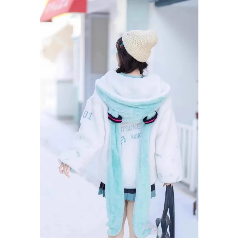 Autumn 2024 Winter Coat Cosplay Japanese Y2k Long Ear Jacket with Hooded Fleece Women White Harajuku Warm Cute Sweet Hoodie