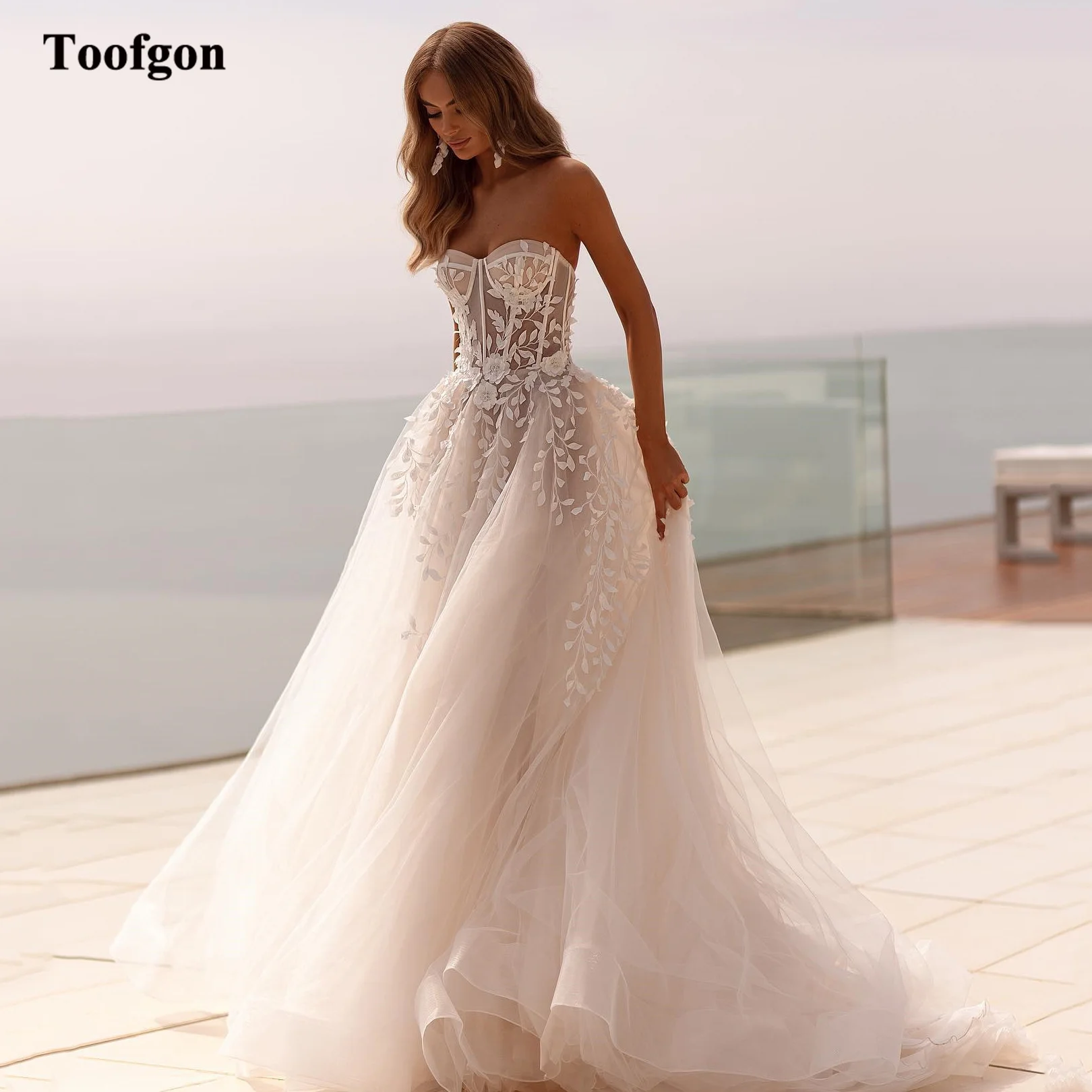 Toofgon Beach Soft Tulle Wedding Dresses Boho Appliques Lace Bones Bride Wedding Gowns Princess Floor Length Vestido De Noiva