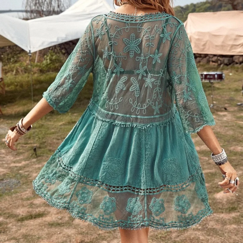 Lace Embroidery See Through Bikini Cover Up Women's Fashion Sexy V Neck Short Sleeve Beach Dress Vacation Pool Party Cover-ups