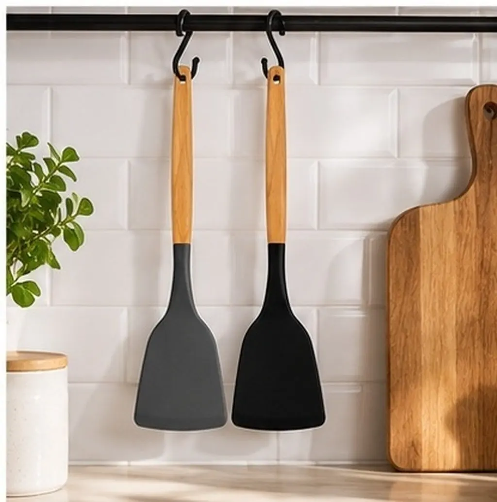 Silicone Spatula with Wooden Handle, Non-Stick Heat-Resistant Cooking Spatula, Scratch-Proof Multi-Use Kitchen Tool