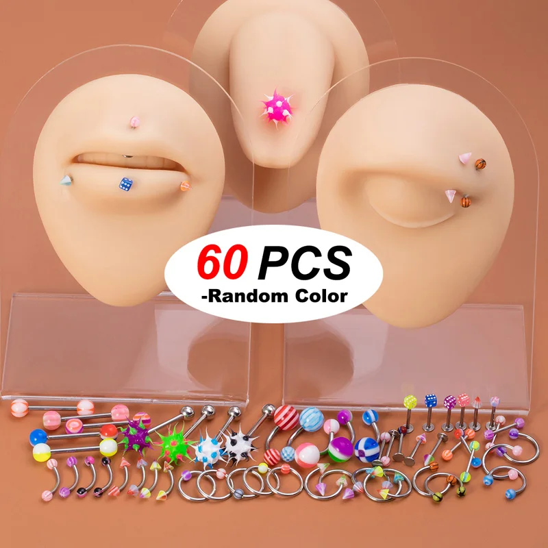 60-110pcs Acrylic Ball Body Piercing Jewelry Set Ear Stud Bar Lip Tongue Nose Belly Button Ring Barbell Mixed Style Random Color