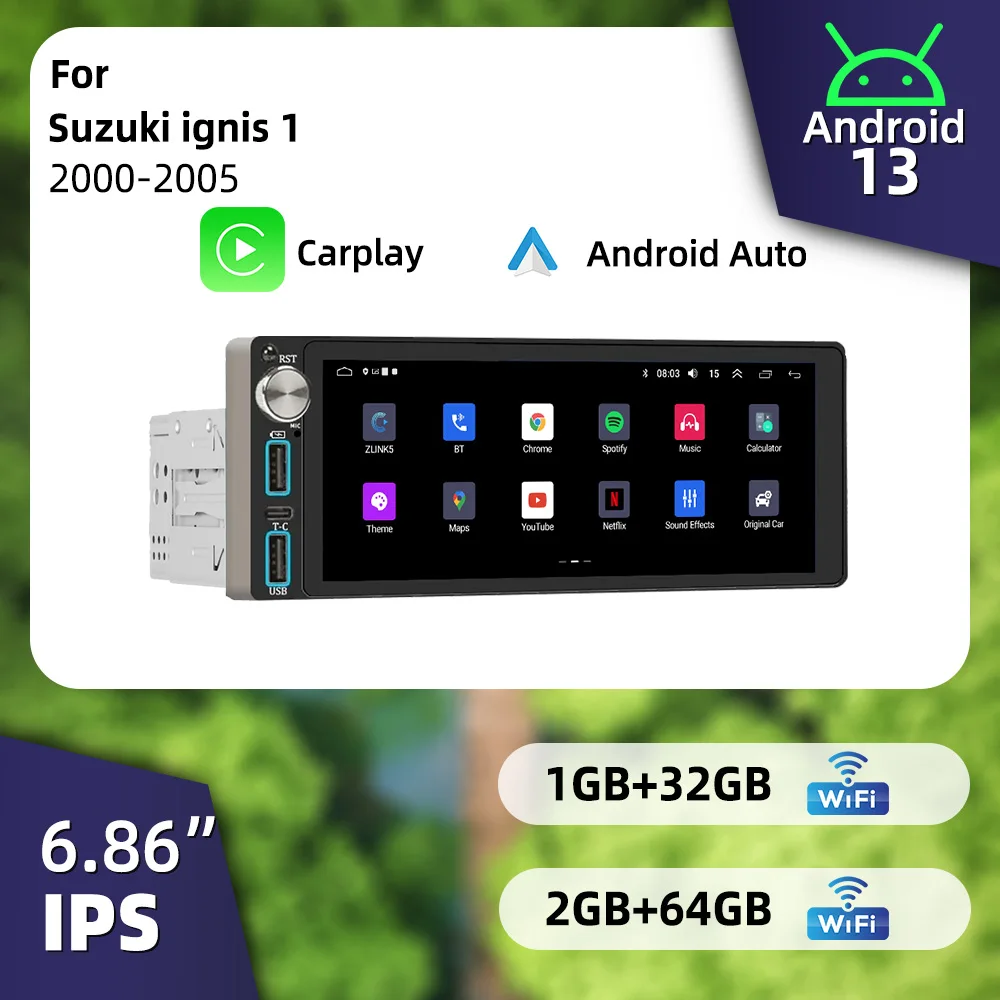 

Беспроводная автомагнитола CarPlay Android с экраном 6,86 дюйма, 1 DIN, для Suzuki Ignis 1 2000-2005, GPS-навигация