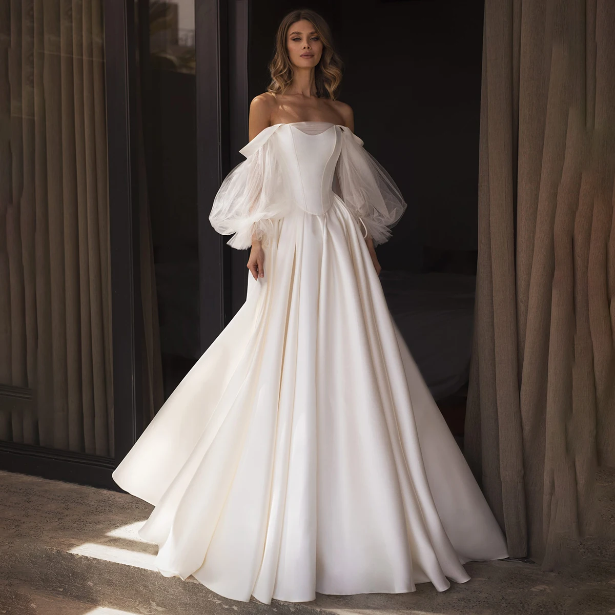

Elegant Satin Long Sleeve Wedding Dresses With Train Off Shoulder Ball Gown For Bride A Line Bridal Party Gown Vestido Novia