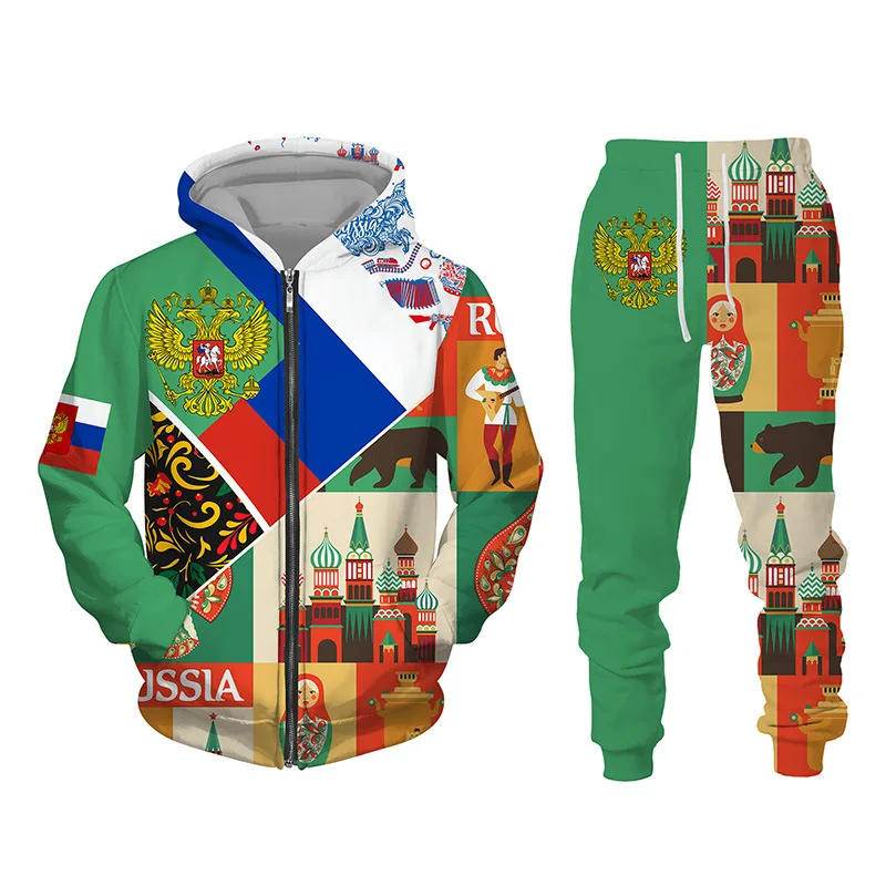 3d Flagge von Russland gedruckt Reiß verschluss Hoodie Hosen Anzug coole Männer/Frauen 2 Stück Sport bekleidung Trainings anzug Set Herbst und Winter Herren bekleidung