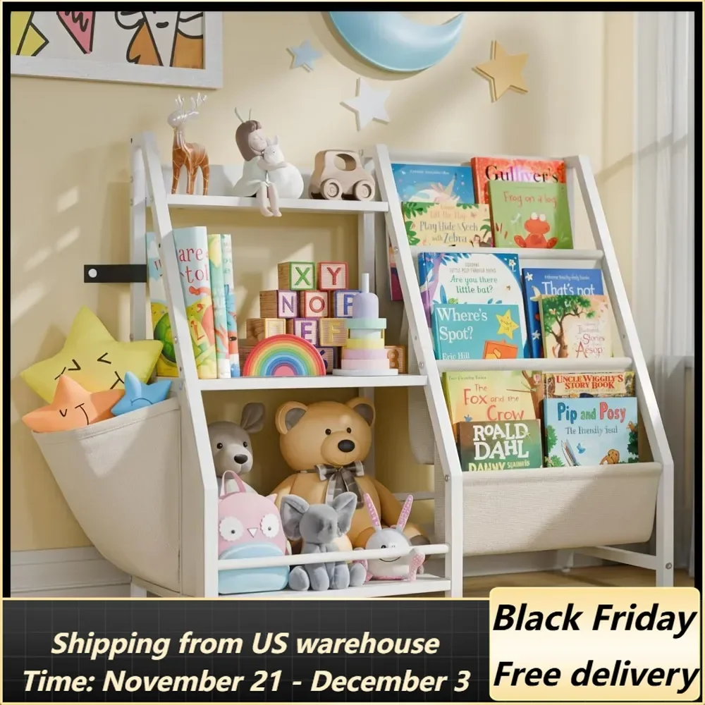 3 Tier Kids Bookshelf and Toy Storage, Kids Book Sling Shelf, Montessori Baby Toddler Bookshelf for Kids, Kids Bookcase