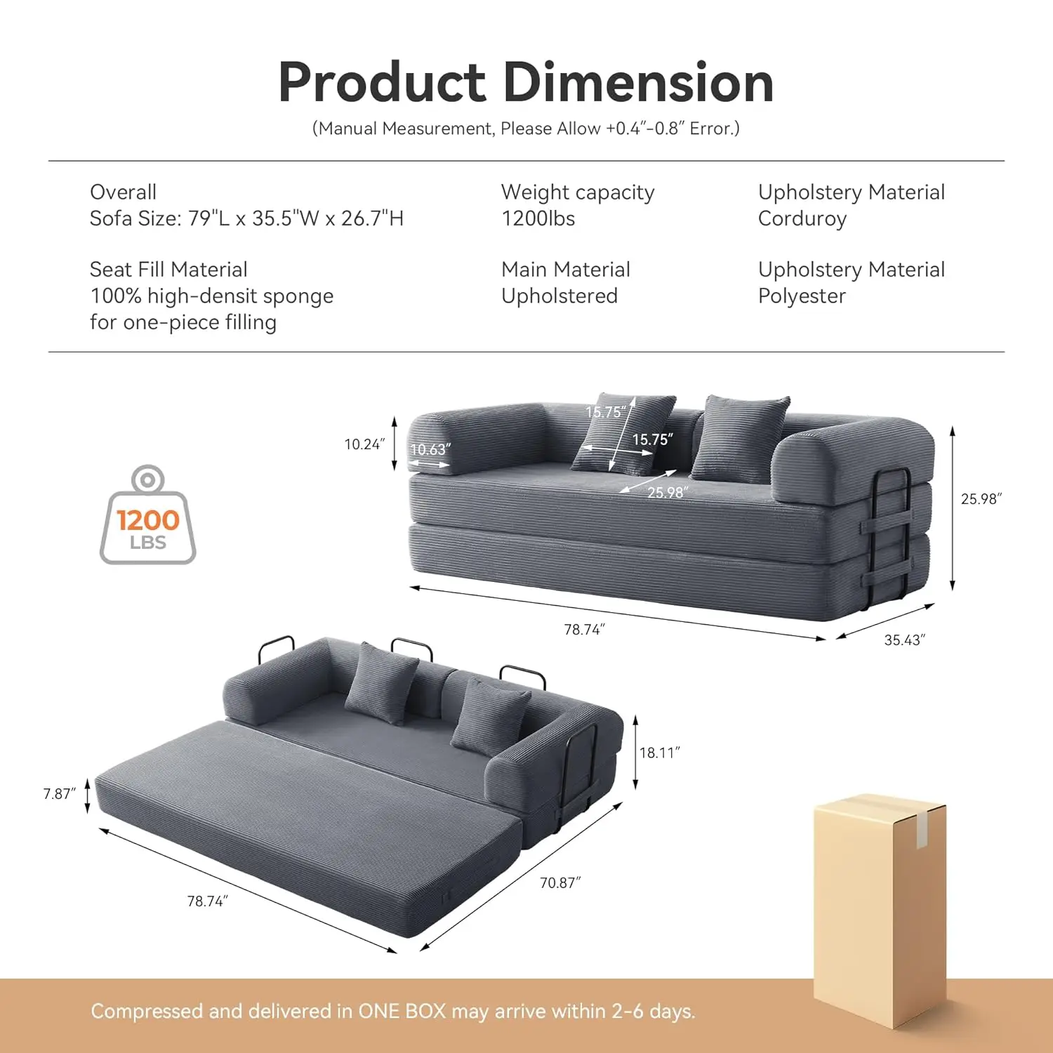Sofa Bed, Corduroy Sleeper Sofa Bed with Fixed Frame, Floor Sofa Lounge with Pillow, Convertible Folding Mattress, Customized