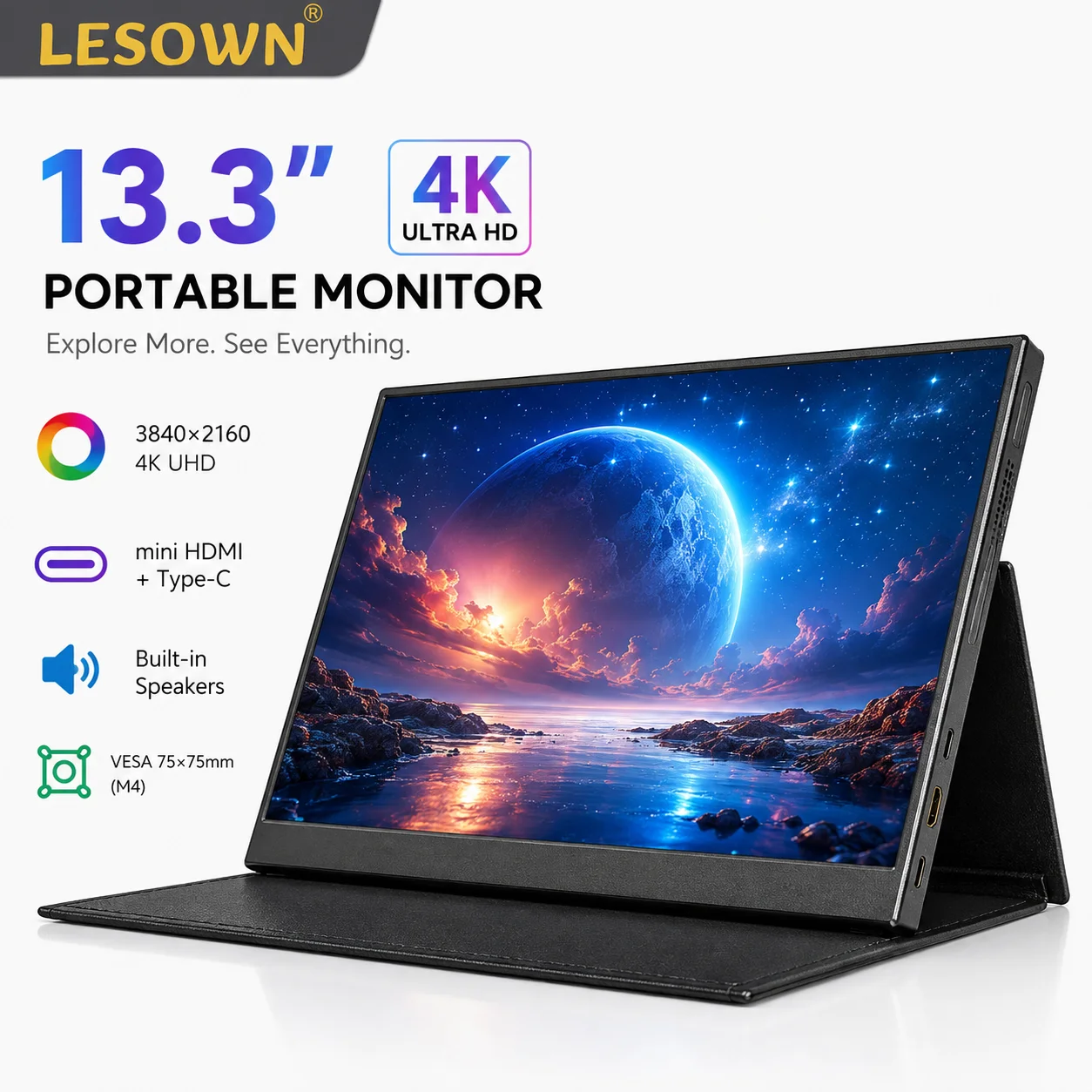 LESOWN 13.3 Inch Slim Monitor 4K UHD Panel Driver-free Portable Travel Screen for Office