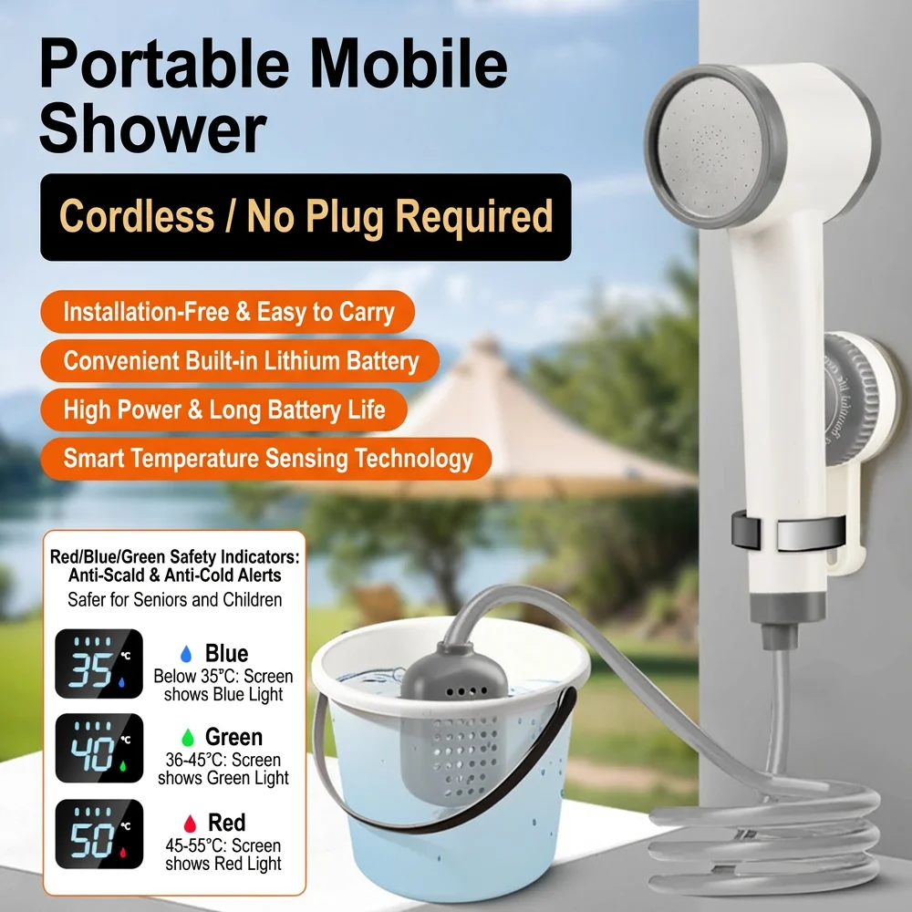 

Портативный электрический душ для кемпинга на батарейках, с дисплеем температуры воды в 3 цветах и шлангом 2 метра