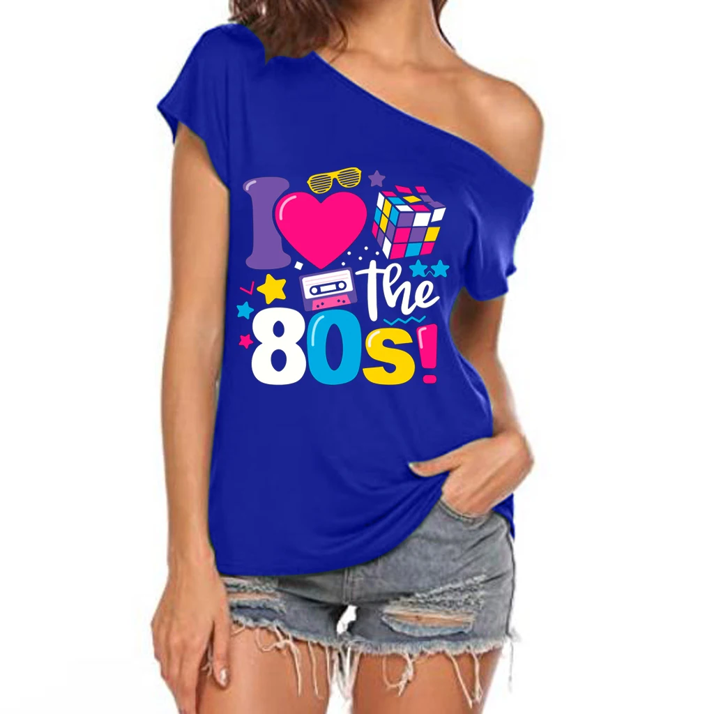 XUANSHOW 2024 Sommer I Love the 80s Emotional Element T-Shirt Sexy Off Shoulder Tops Kurzarm Buchstaben bedrucktes T-Shirt – Detail 10