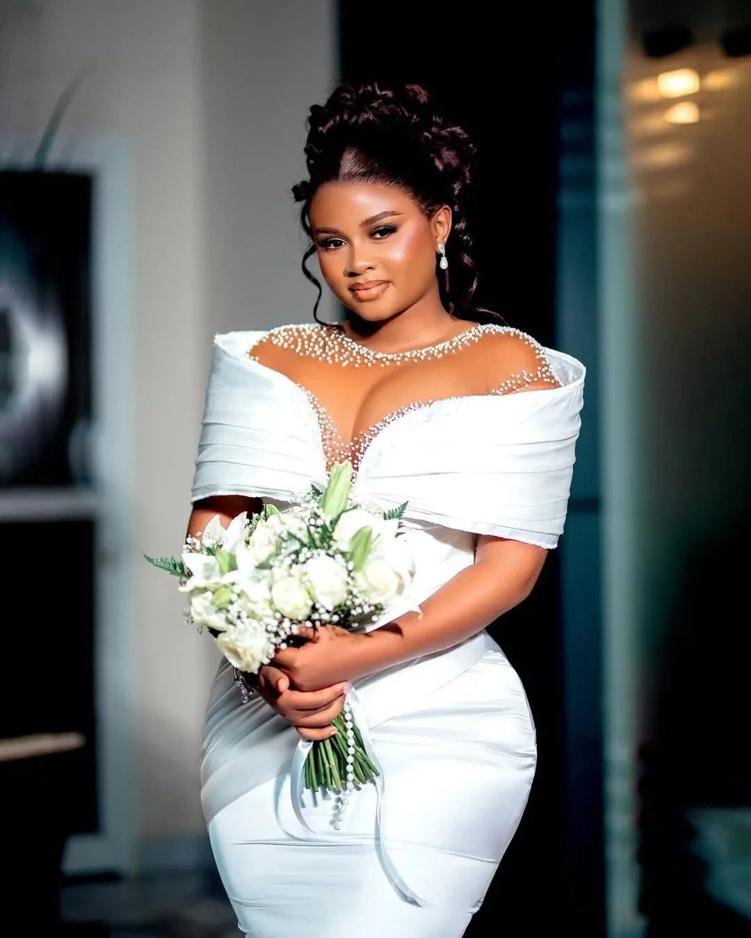 تخصيص زائد الحجم حورية البحر الأفريقية فستان الزفاف أثواب الزفاف العروس الوهم شير اللؤلؤ قبالة الكتف مطرز الدانتيل #5