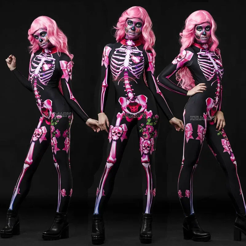 Adulto donne Sexy spaventoso fantasma Costume rosa scheletro Halloween Sexy diavolo tuta bambini neonata festa di carnevale giorno dei morti