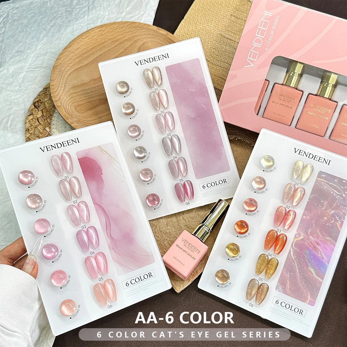6Pcs Nude Pink Glass Bead Cat Magnetic Nail Gel Polish Set 15ml Translucent Soak Off UV/LED Gel Varnishes Nail Art for Manicure