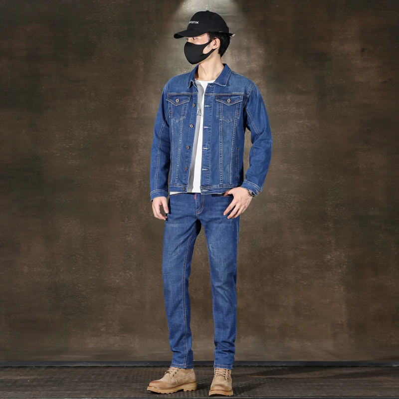 2024 Spring and Autumn American Denim Jacket Set Classic Simple Washed Stretch Jeans Men Clothing Clothes For Men