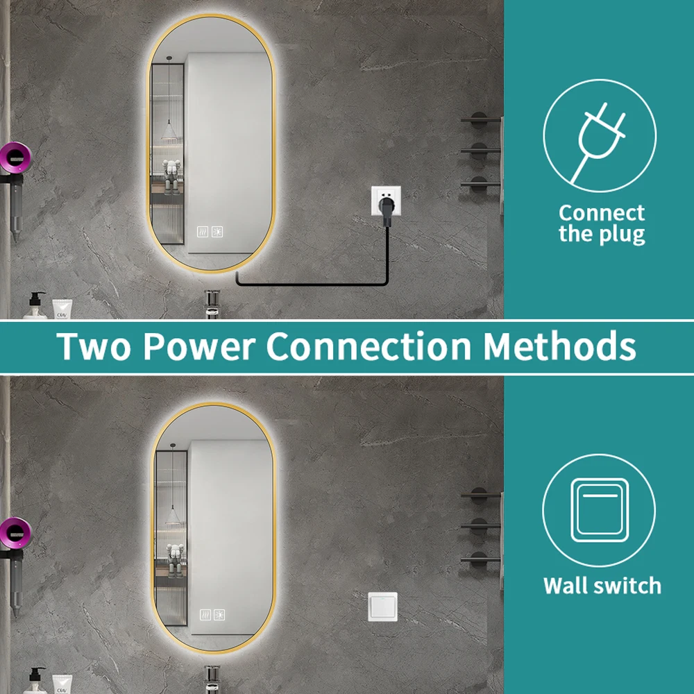 16x24inch Oval LED Bathroom Mirror Anti-Fog Backlit Vanity Mirror Touch Dimmable Wall Mounted Shower Mirror Spiegel Espejo