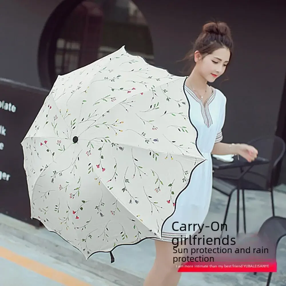 Folding Umbrella Floral Printed Robust Black Rubber Sun Shading Dual Function Promotional Advertising