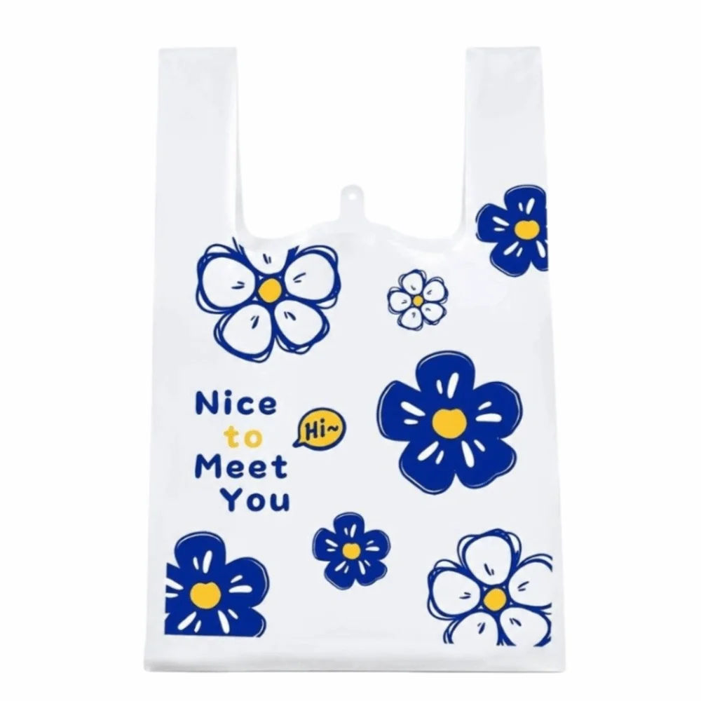 50pcs Blue Flowers Print Plastic Tote Bag Reusable Sturdy Floral Printed T-shirt Bag Storage Packaging Bag Birthday Party