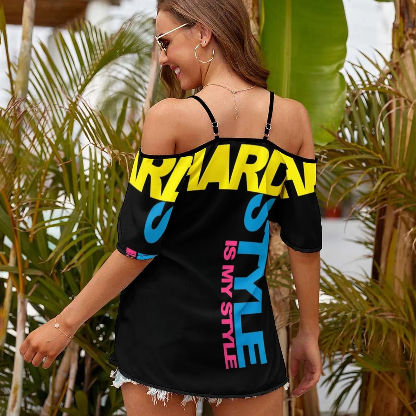 Hardstyle Side Music Quote Women Short Sleeve Tops O-Neck Hollow Out Shoulder Strap Tees Streetwear Typography Dj Rave