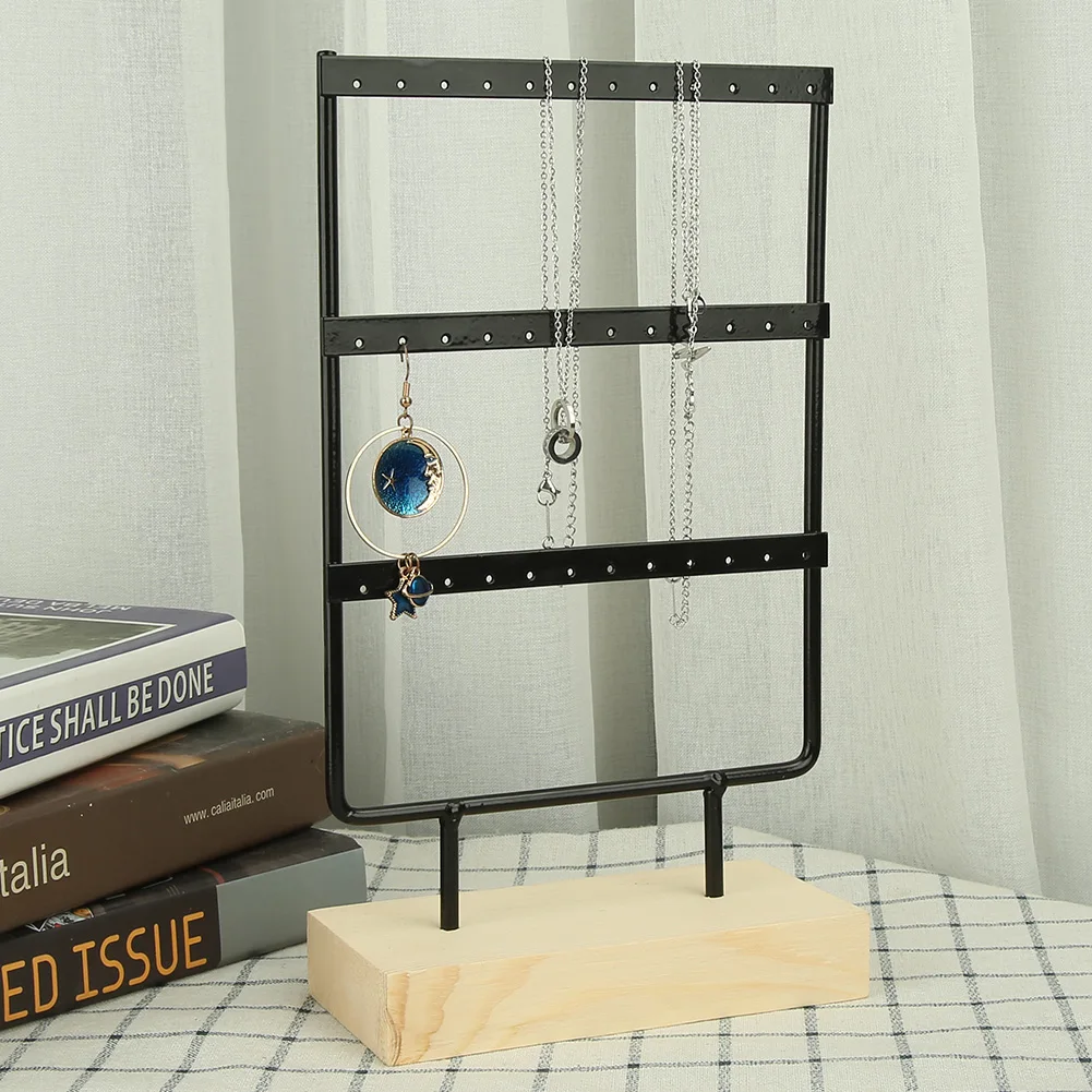 1Pc 36 Holes Metal Jewelry Storage Rack Display Stand Earrings Necklace Organizer with Wood Base