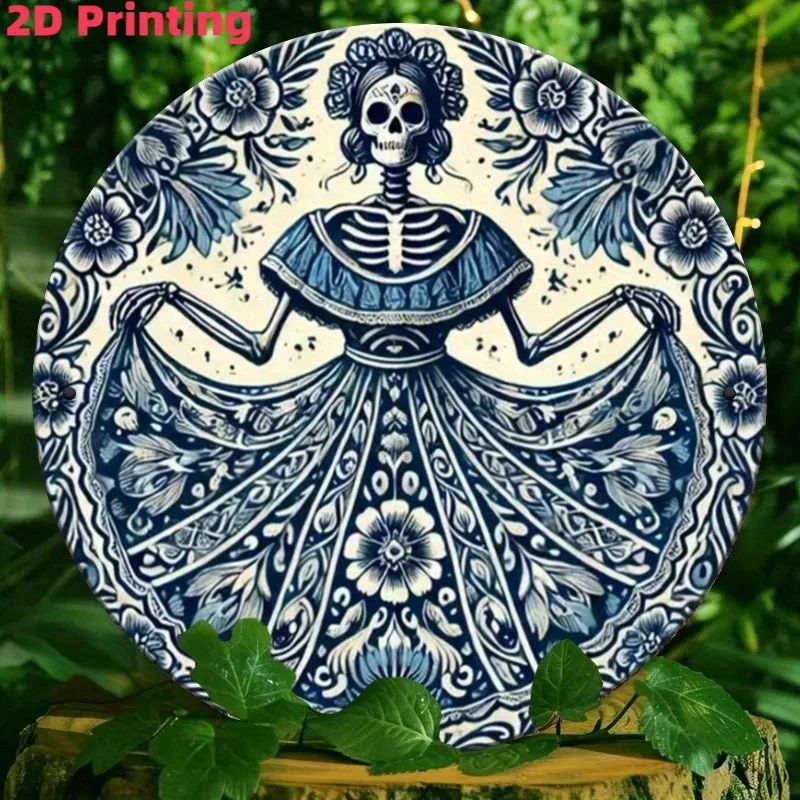 2D Vintage Metal Sign, Day of the Dead Sugar Skull Wreath, Wood Wall Art Hanging Decor for Home Bar Cafe Farmhouse