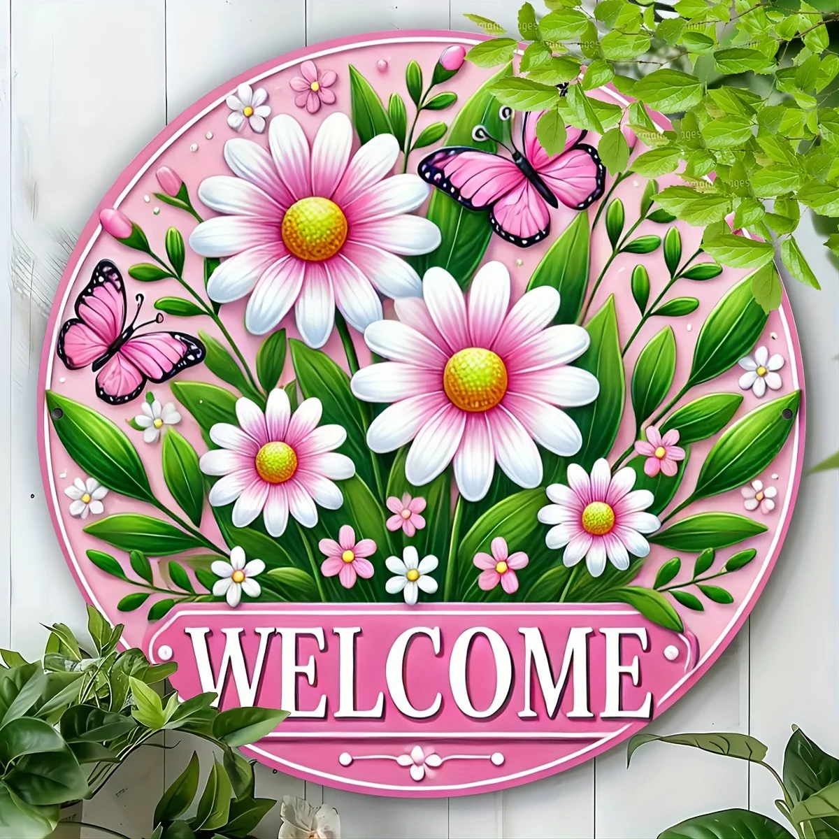 Vintage Pink Daisy Butterfly Metal Sign, Round Aluminum Wall Art for Home Entryway Garden Porch Decoration