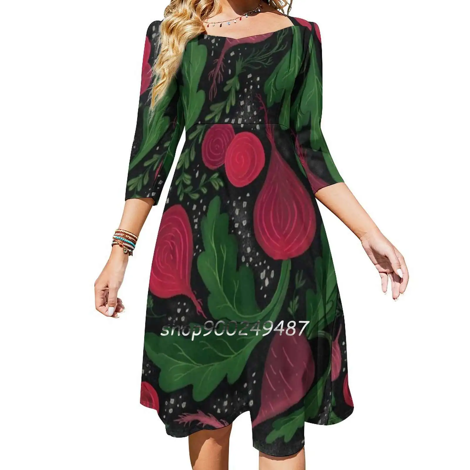 Turnip The Beet Flare Dress Square Neck Dress Elegant Female Fashion Printed Dress Vegetables Kitchen Beet Whimsical Cooking